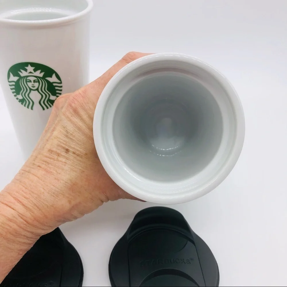Starbucks set of 2 ceramic 10 ounce travel tumbler with black sliding lids
